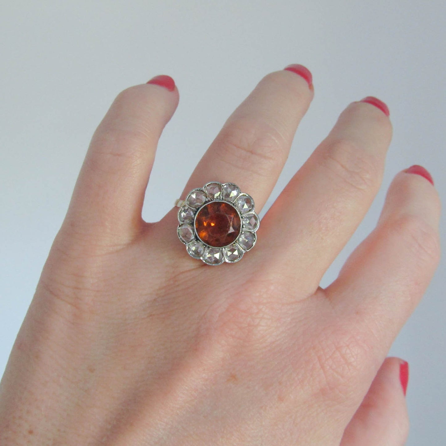 Antique Citrine Daisy Ring, Rose Cut Diamond Halo, 14K Gold Platinum, c. 1900