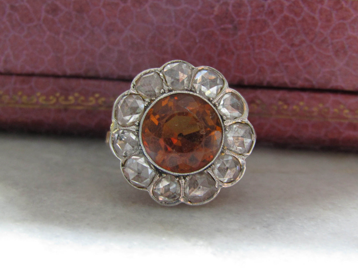 Antique Citrine Daisy Ring, Rose Cut Diamond Halo, 14K Gold Platinum, c. 1900