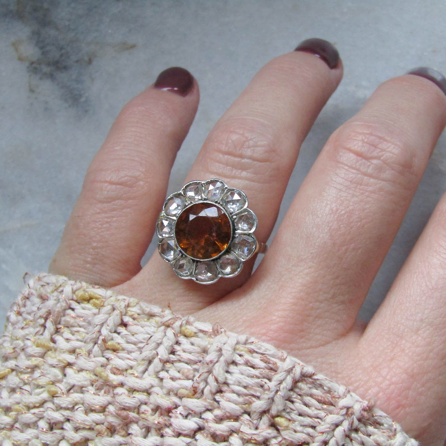 Antique Citrine Daisy Ring, Rose Cut Diamond Halo, 14K Gold Platinum, c. 1900
