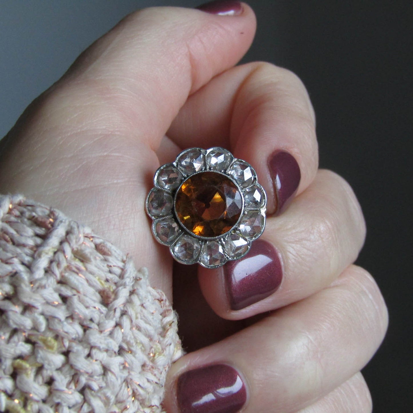 Antique Citrine Daisy Ring, Rose Cut Diamond Halo, 14K Gold Platinum, c. 1900
