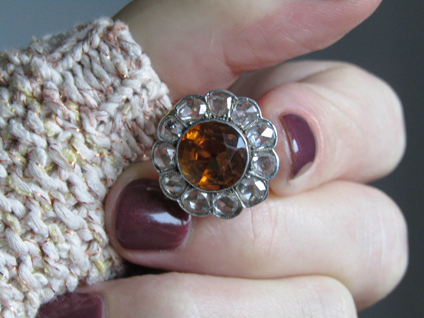 Antique Citrine Daisy Ring, Rose Cut Diamond Halo, 14K Gold Platinum, c. 1900