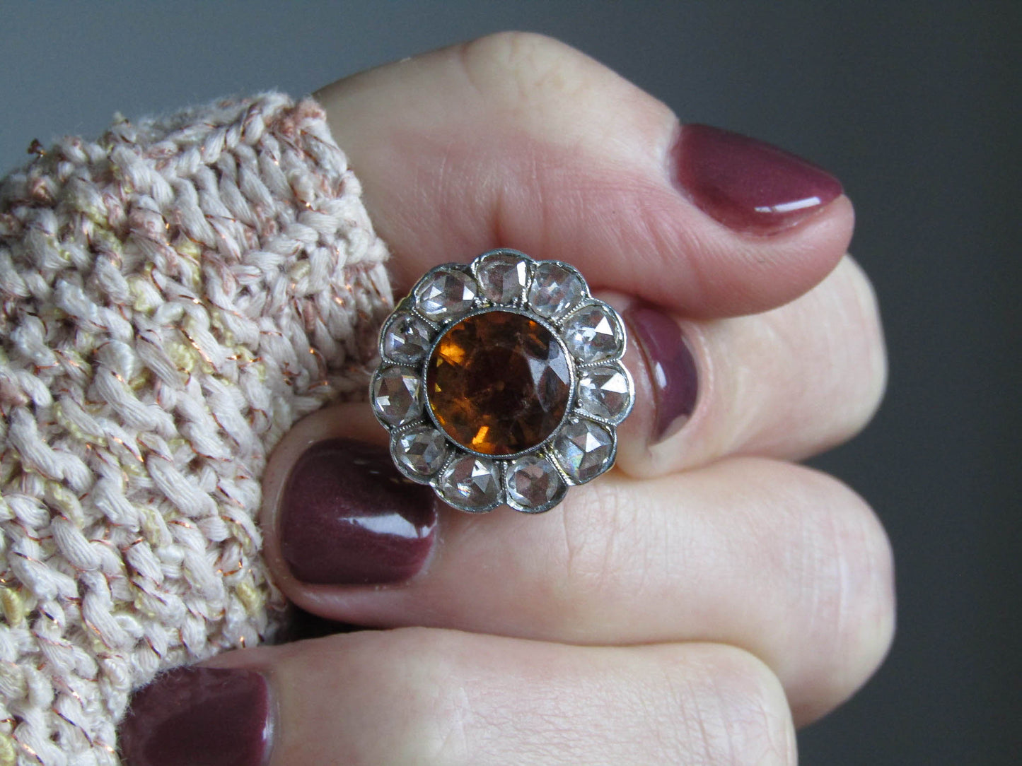 Antique Citrine Daisy Ring, Rose Cut Diamond Halo, 14K Gold Platinum, c. 1900