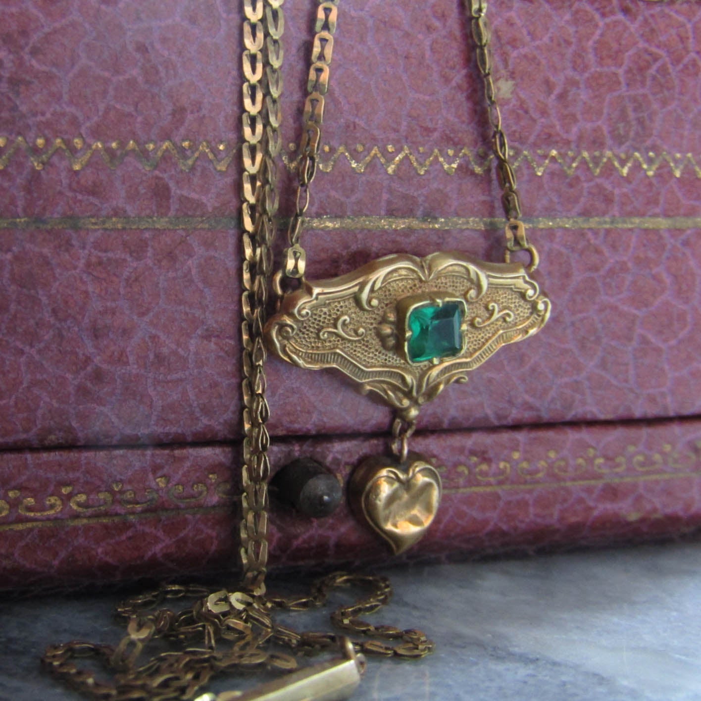 Antique 18K Solid Gold French Regional Pendant Necklace with Imitation Emerald