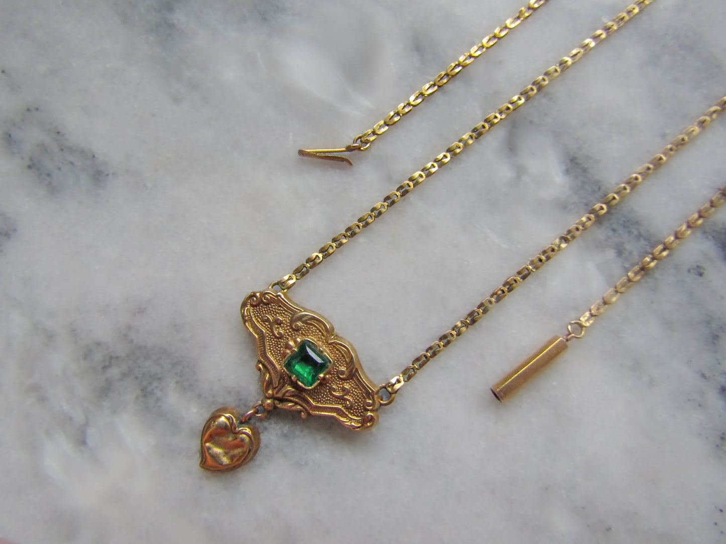 Antique 18K Solid Gold French Regional Pendant Necklace with Imitation Emerald