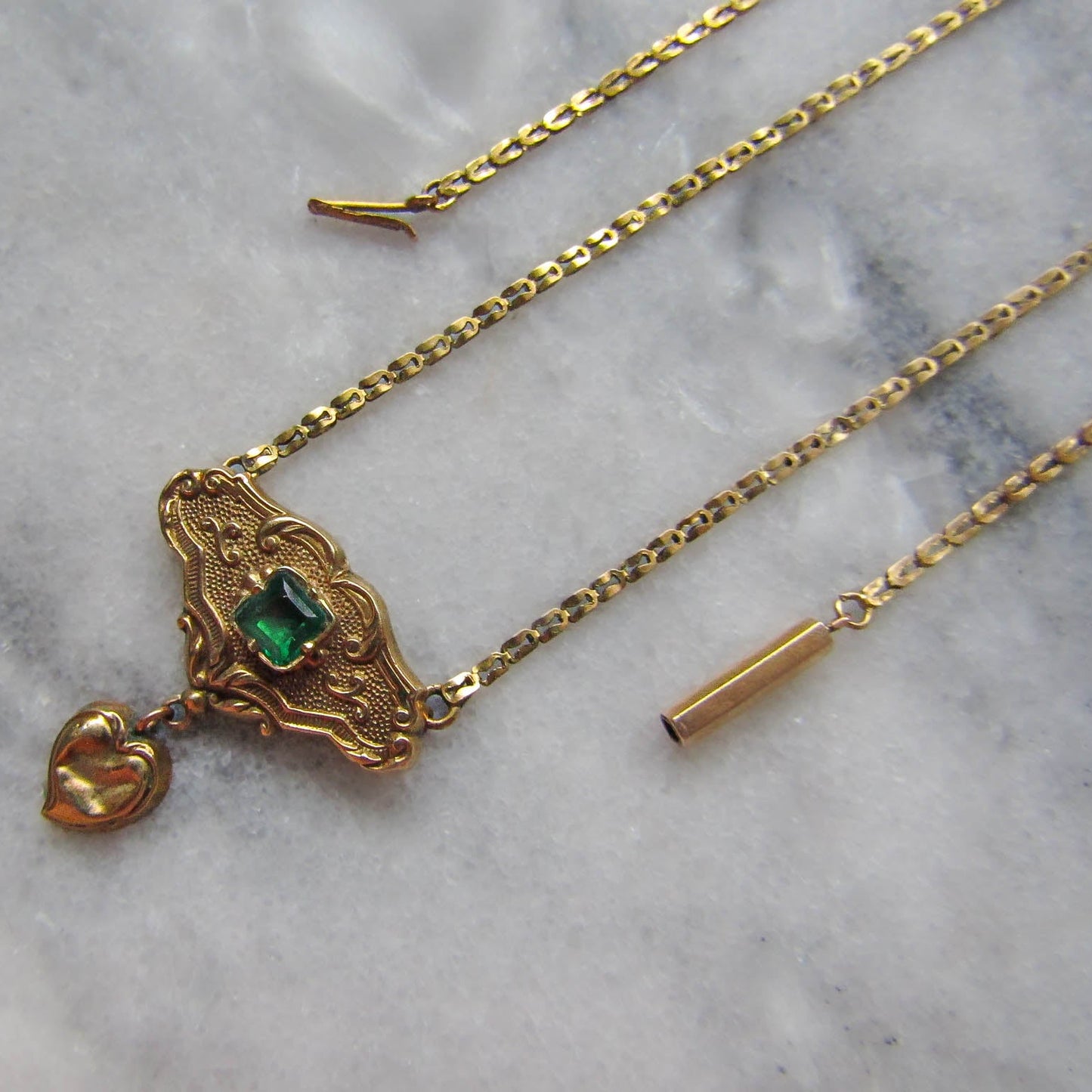 Antique 18K Solid Gold French Regional Pendant Necklace with Imitation Emerald