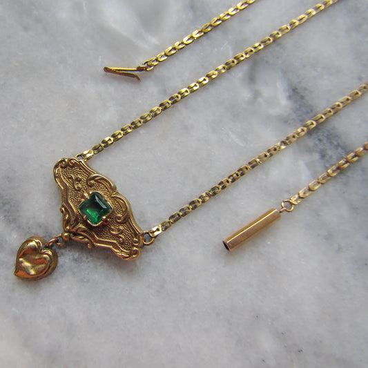 Antique 18K Solid Gold French Regional Pendant Necklace with Imitation Emerald