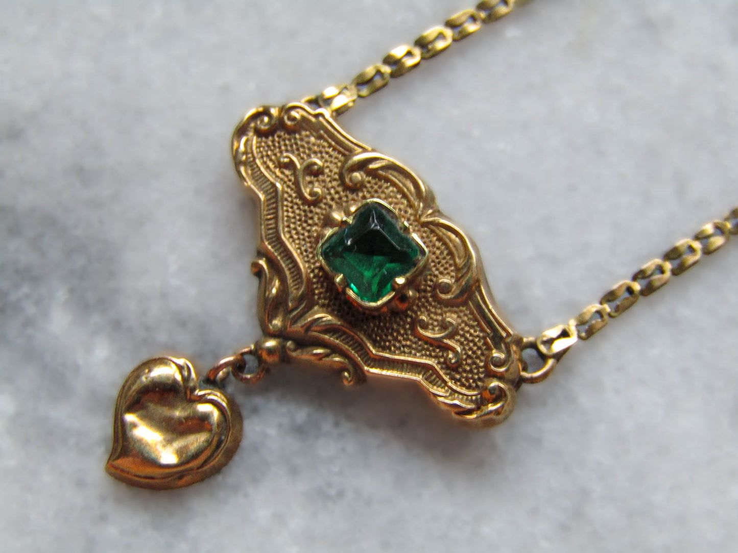 Antique 18K Solid Gold French Regional Pendant Necklace with Imitation Emerald