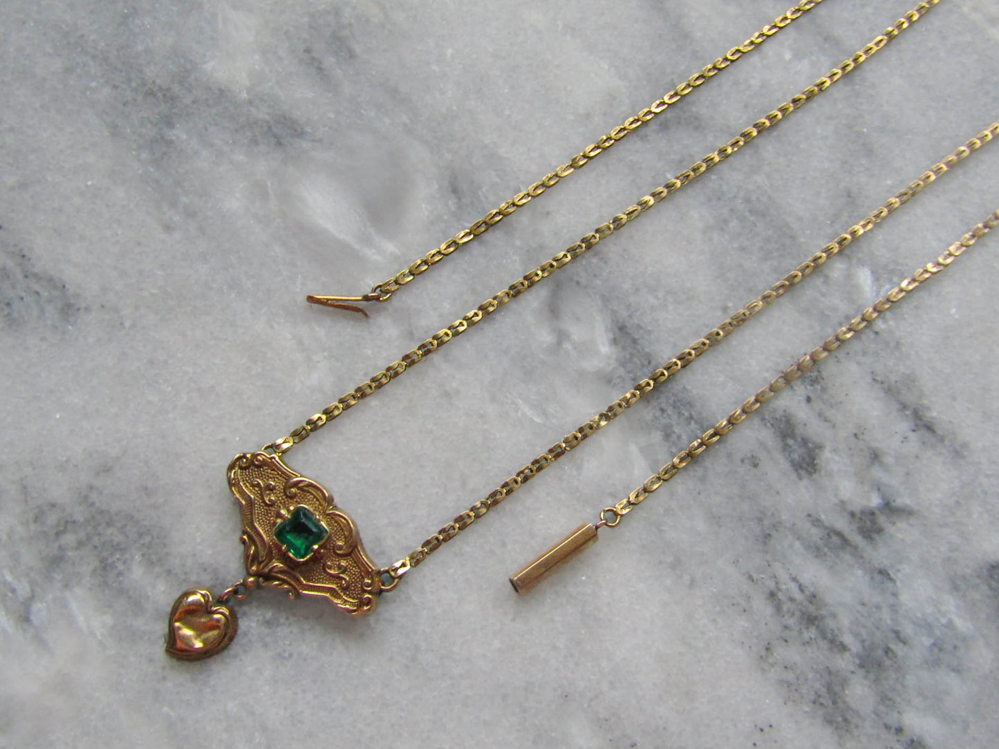 Antique 18K Solid Gold French Regional Pendant Necklace with Imitation Emerald