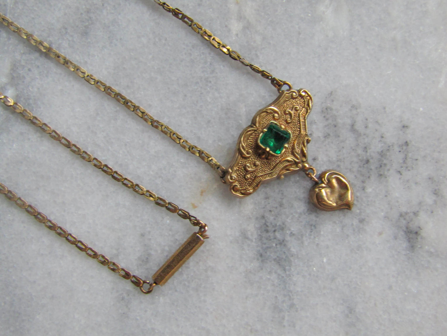 Antique 18K Solid Gold French Regional Pendant Necklace with Imitation Emerald