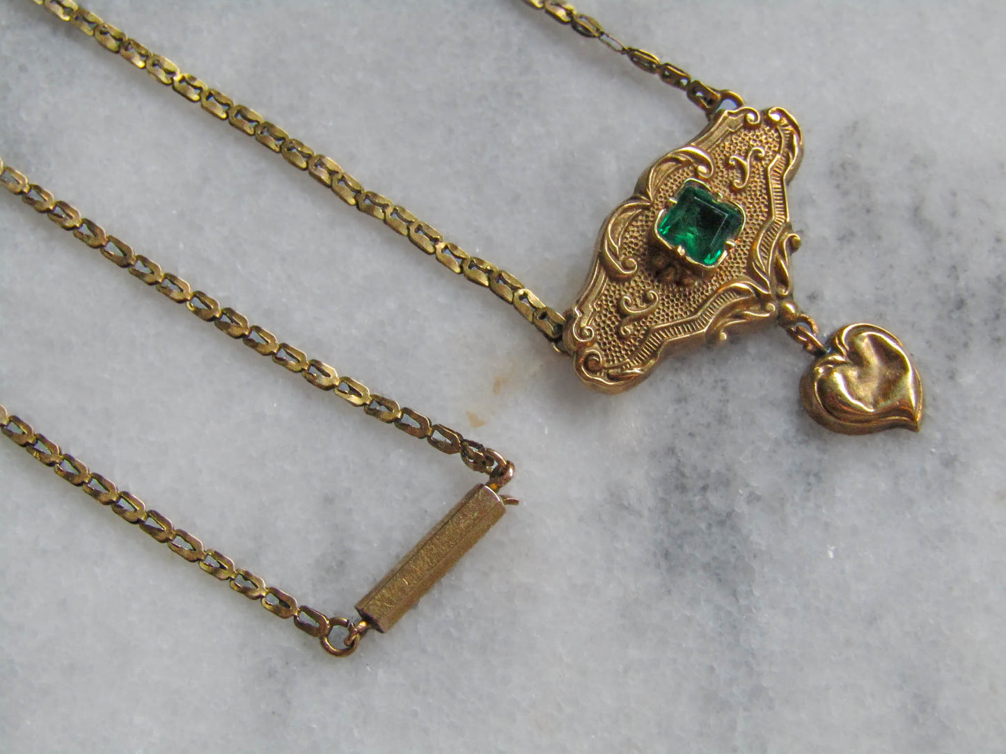 Antique 18K Solid Gold French Regional Pendant Necklace with Imitation Emerald