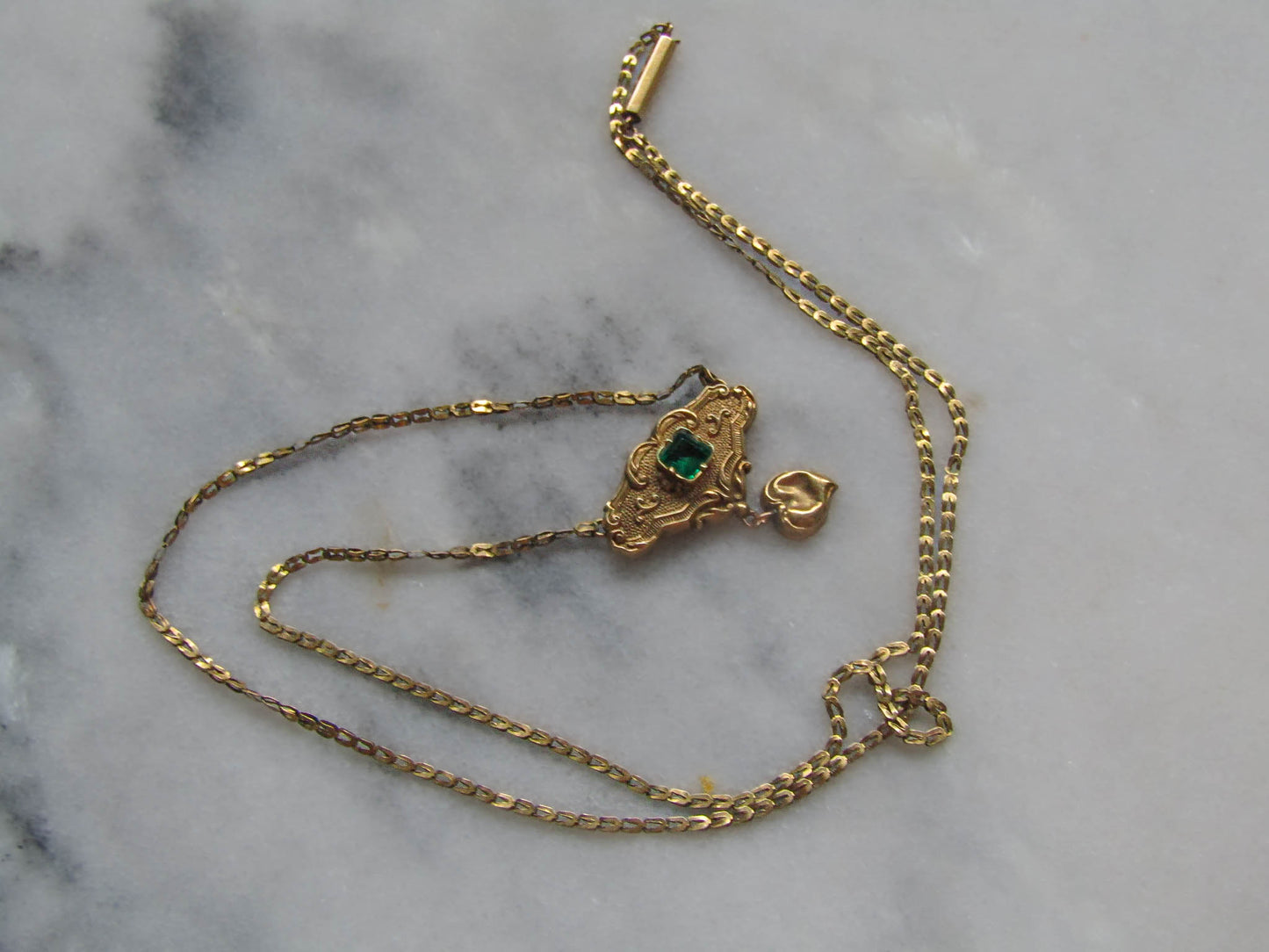 Antique 18K Solid Gold French Regional Pendant Necklace with Imitation Emerald