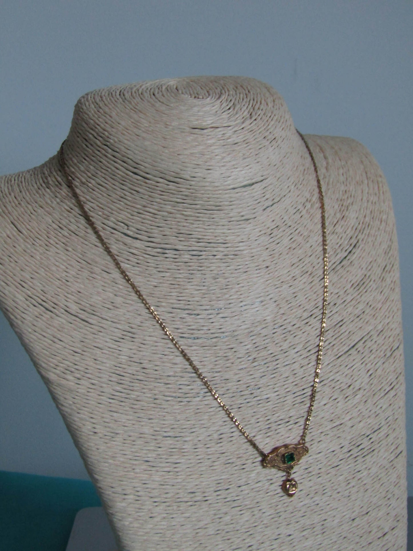 Antique 18K Solid Gold French Regional Pendant Necklace with Imitation Emerald