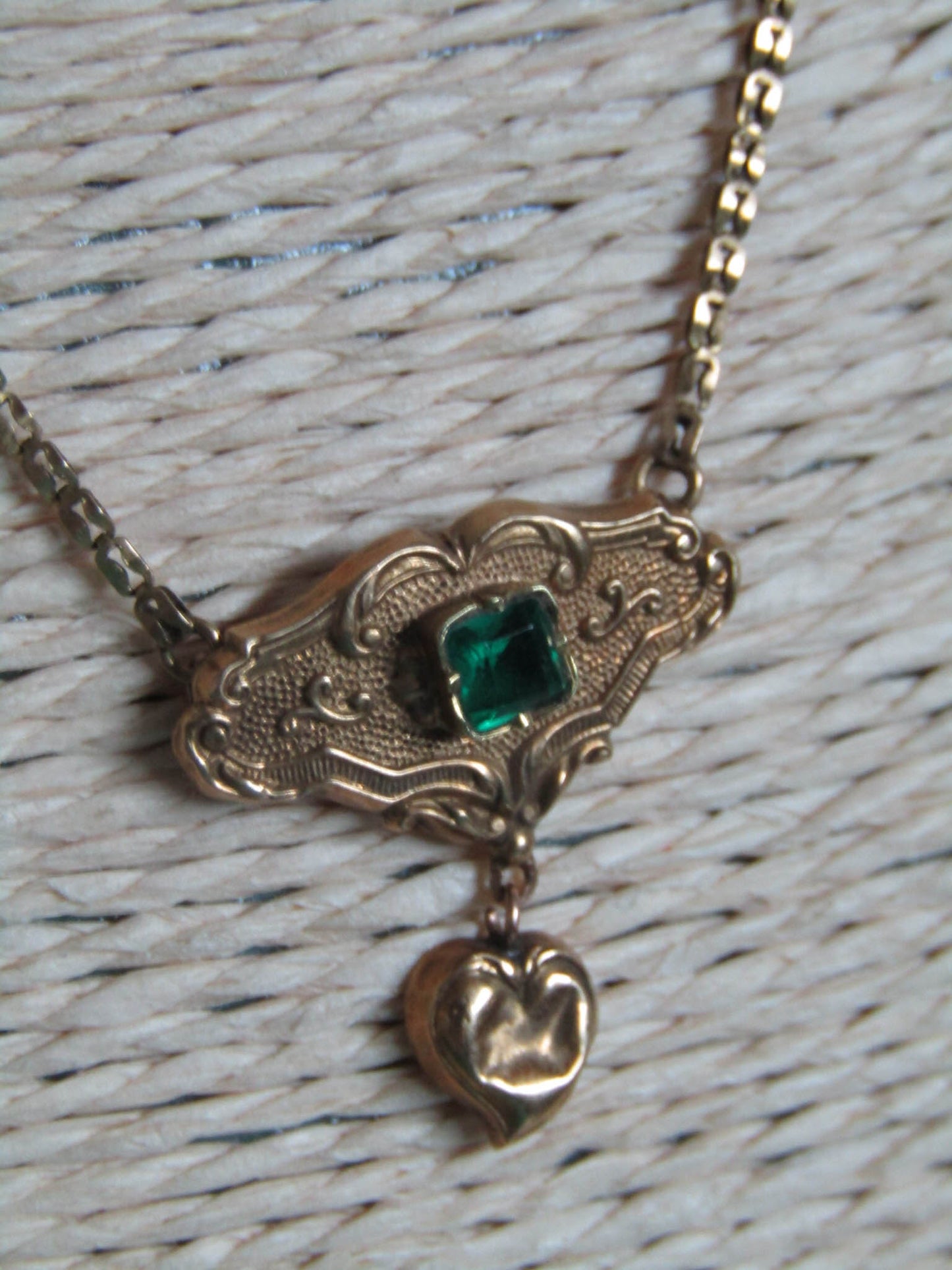 Antique 18K Solid Gold French Regional Pendant Necklace with Imitation Emerald