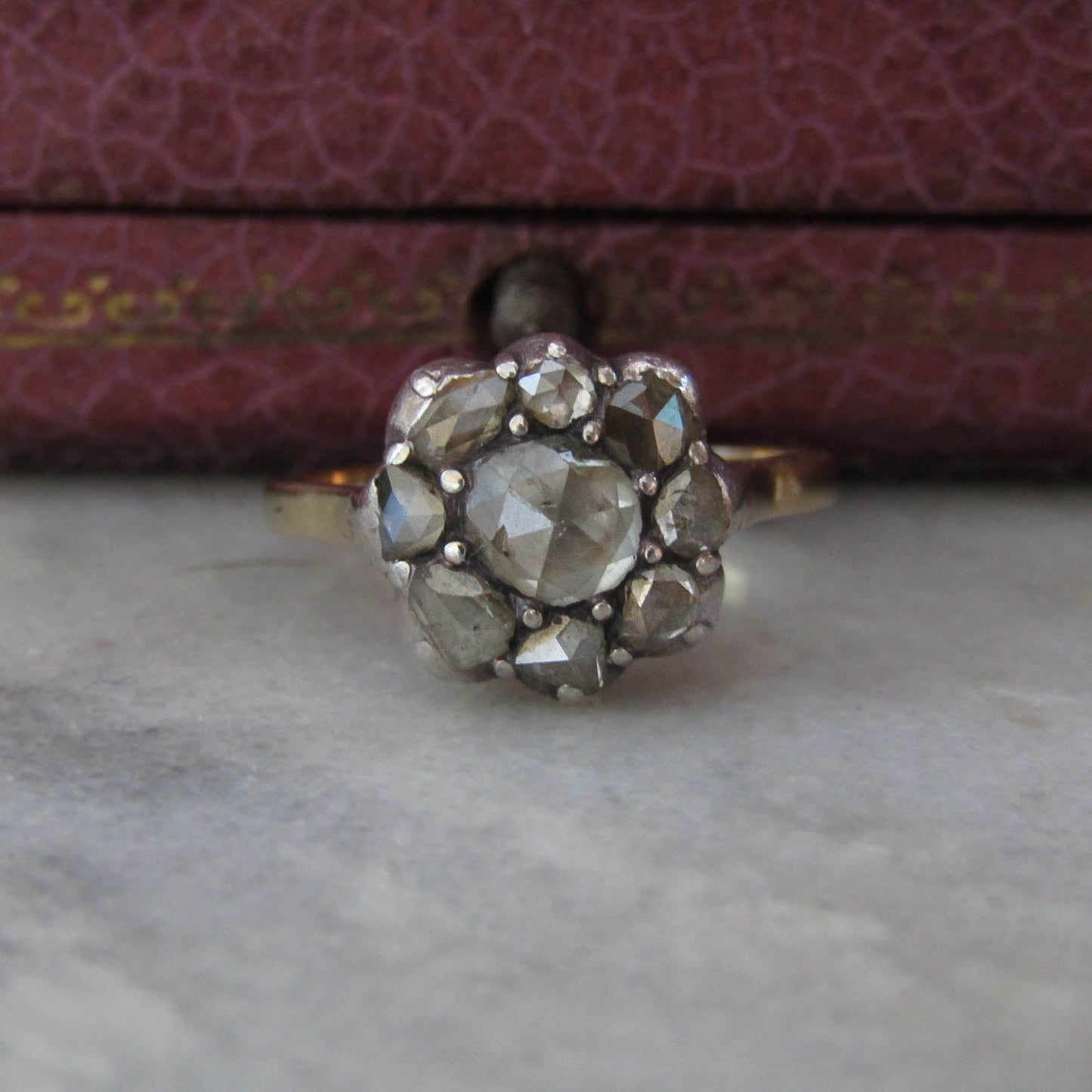 Antique Rose Cut Diamond Daisy Ring, 18K Gold, Belle Epoque
