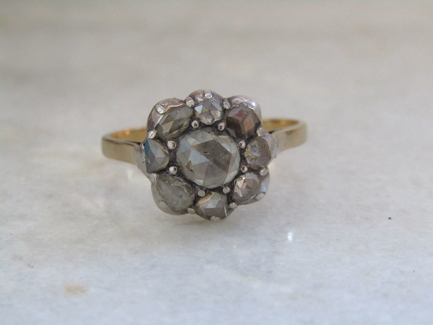 Antique Rose Cut Diamond Daisy Ring, 18K Gold, Belle Epoque