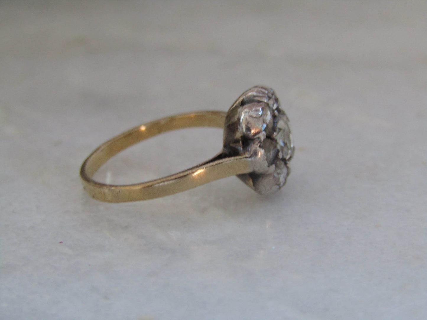 Antique Rose Cut Diamond Daisy Ring, 18K Gold, Belle Epoque