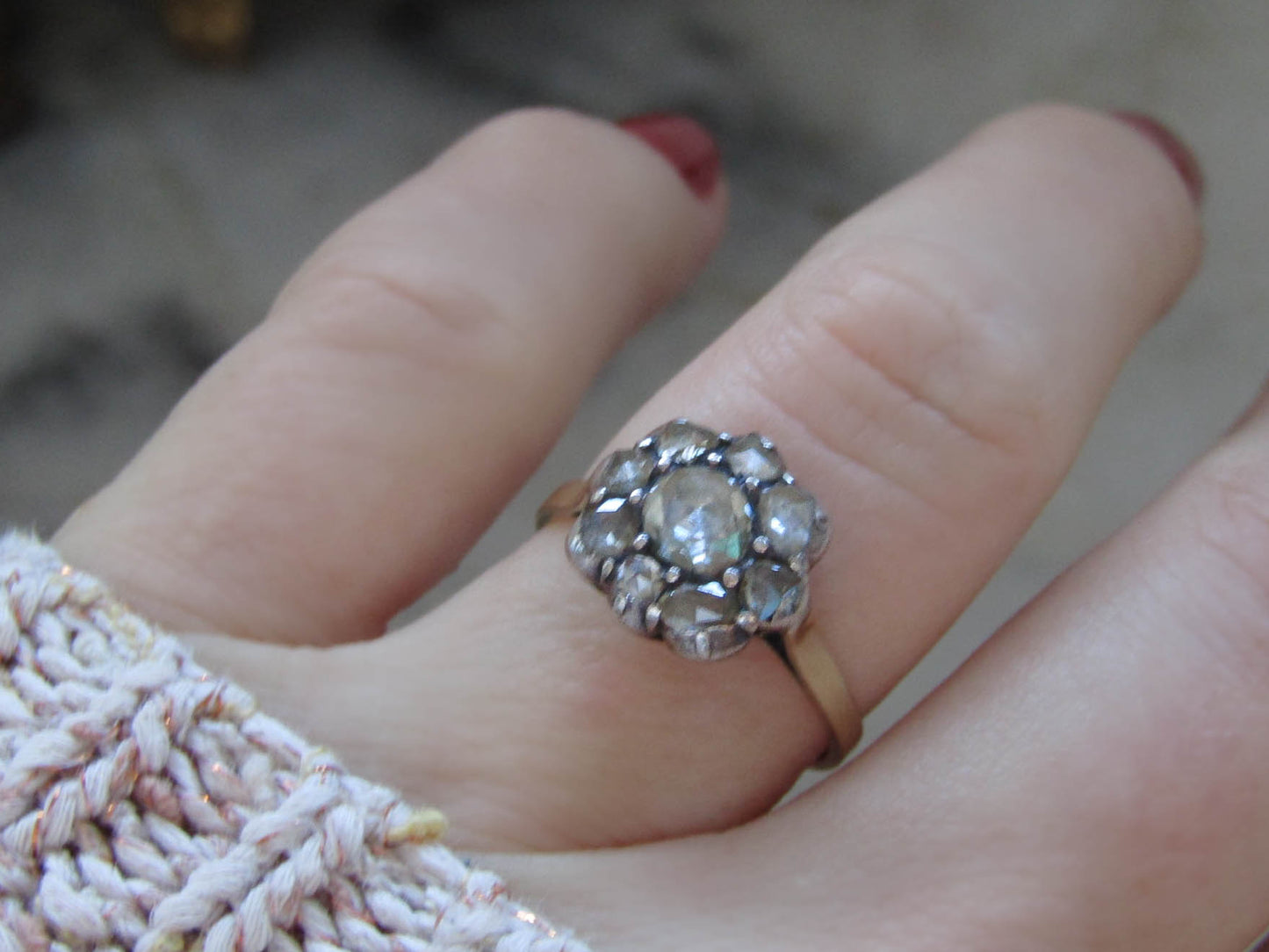 Antique Rose Cut Diamond Daisy Ring, 18K Gold, Belle Epoque