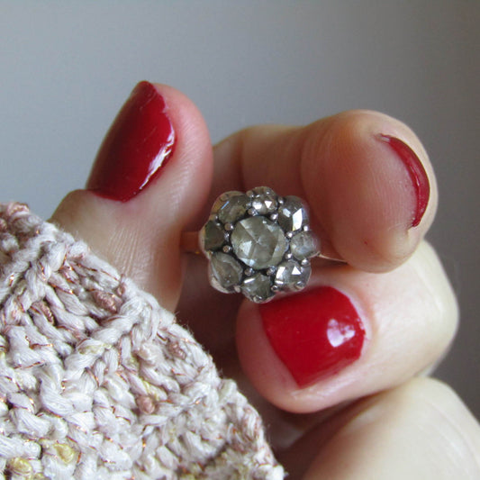 Antique Rose Cut Diamond Daisy Ring, 18K Gold, Belle Epoque