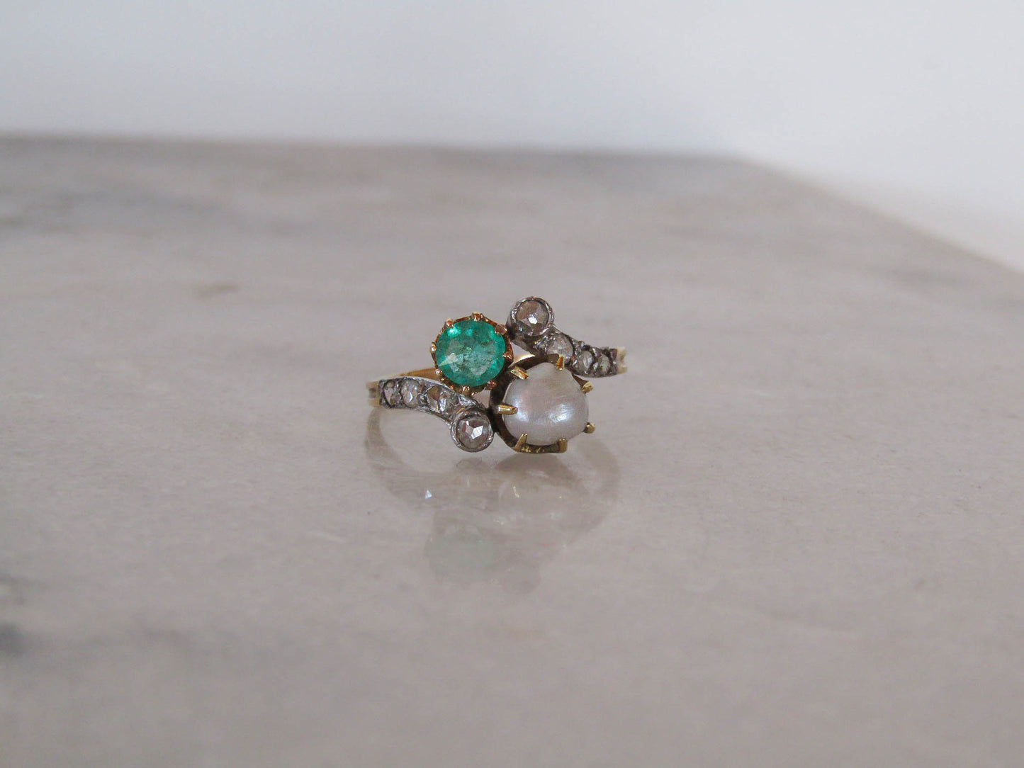 Antique Belle Epoque Emerald and Pearl Toi et Moi Ring c. 1900