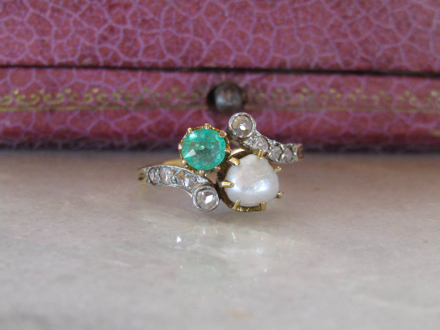 Antique Belle Epoque Emerald and Pearl Toi et Moi Ring c. 1900