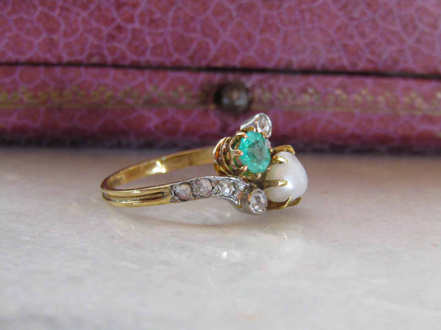 Antique Belle Epoque Emerald and Pearl Toi et Moi Ring c. 1900