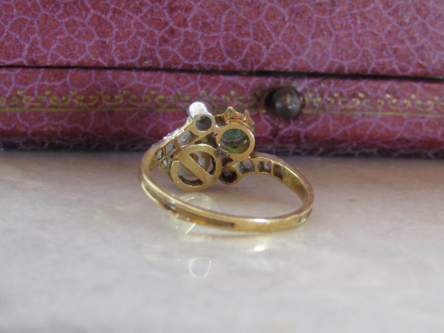 Antique Belle Epoque Emerald and Pearl Toi et Moi Ring c. 1900