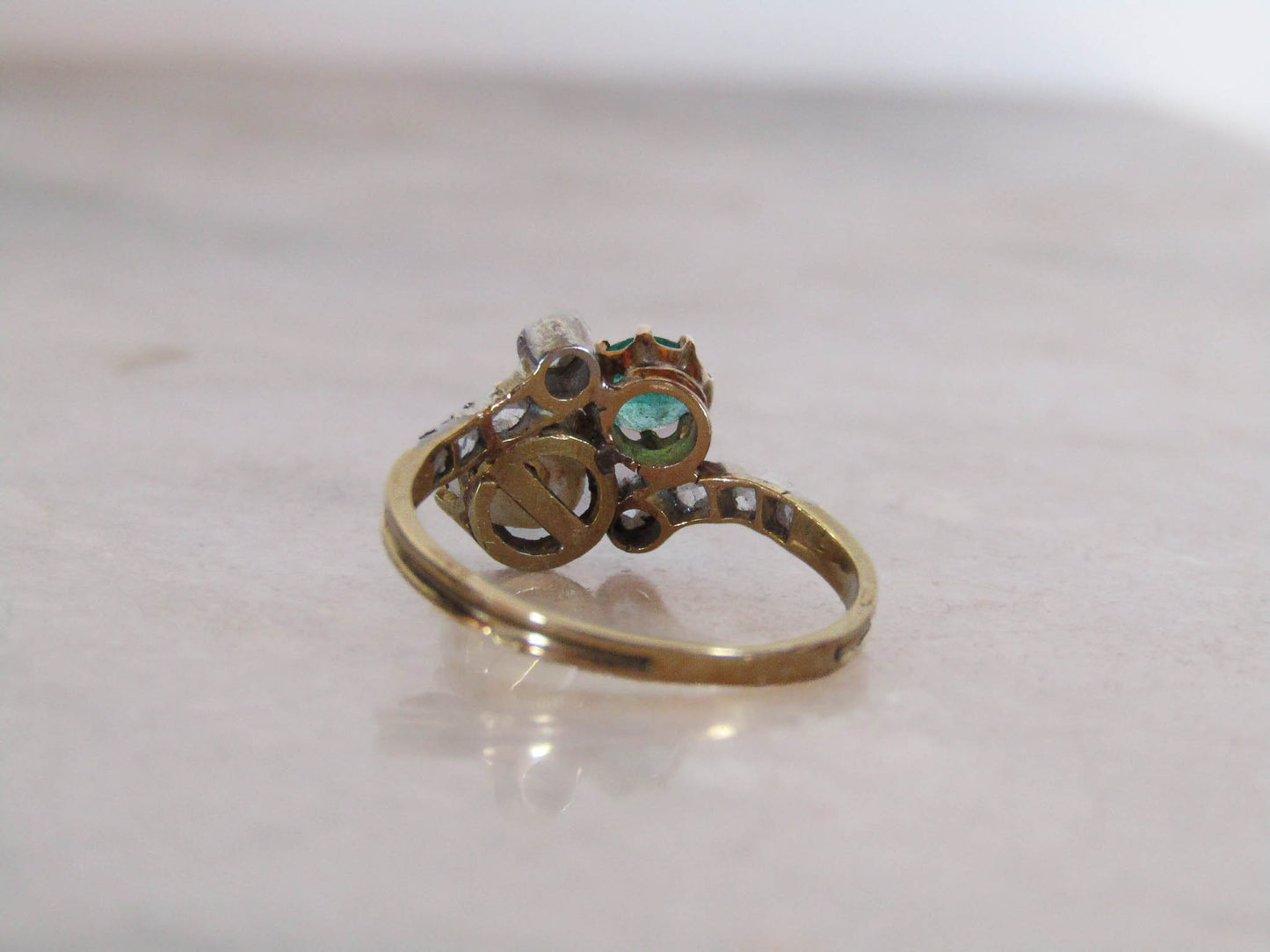 Antique Belle Epoque Emerald and Pearl Toi et Moi Ring c. 1900