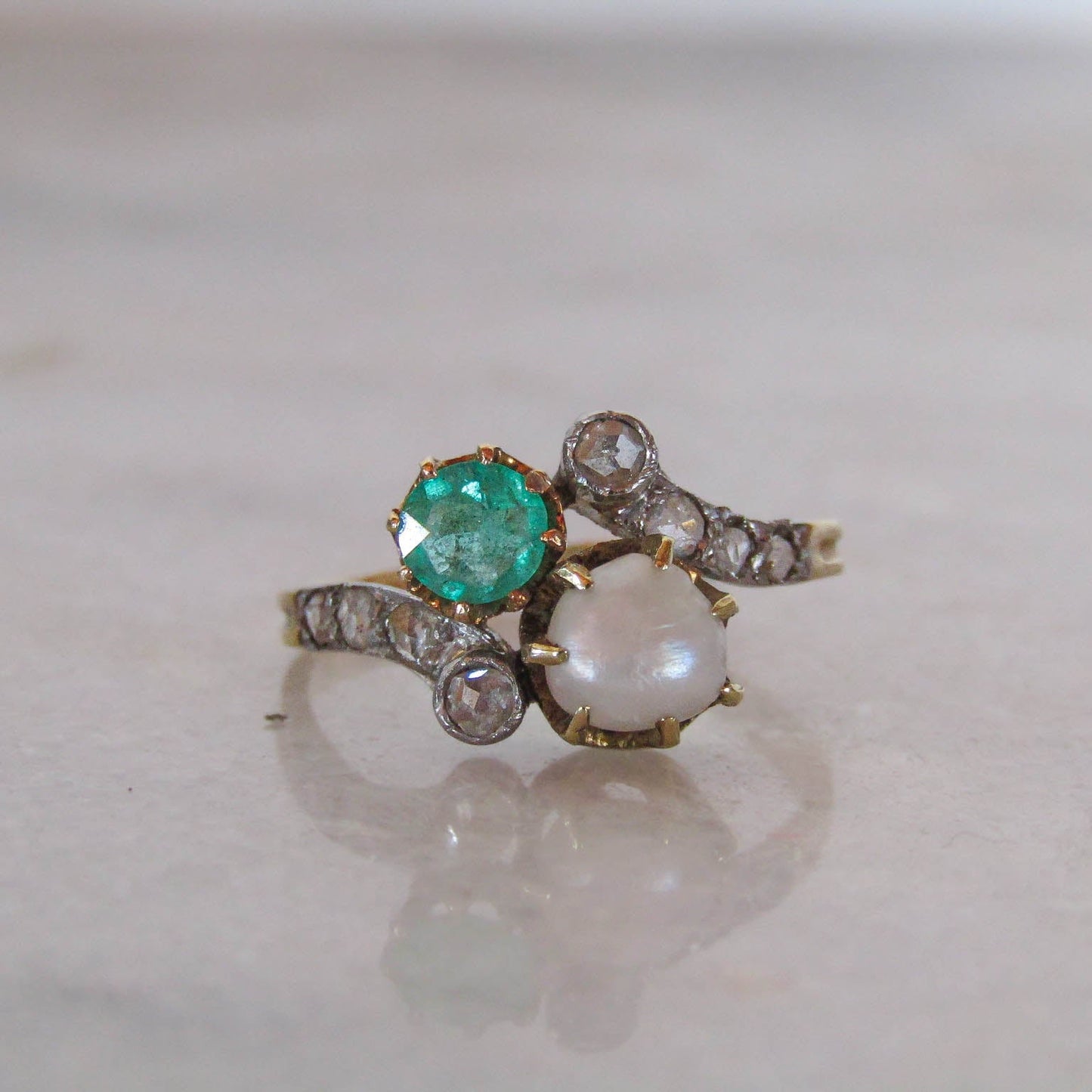 Antique Belle Epoque Emerald and Pearl Toi et Moi Ring c. 1900
