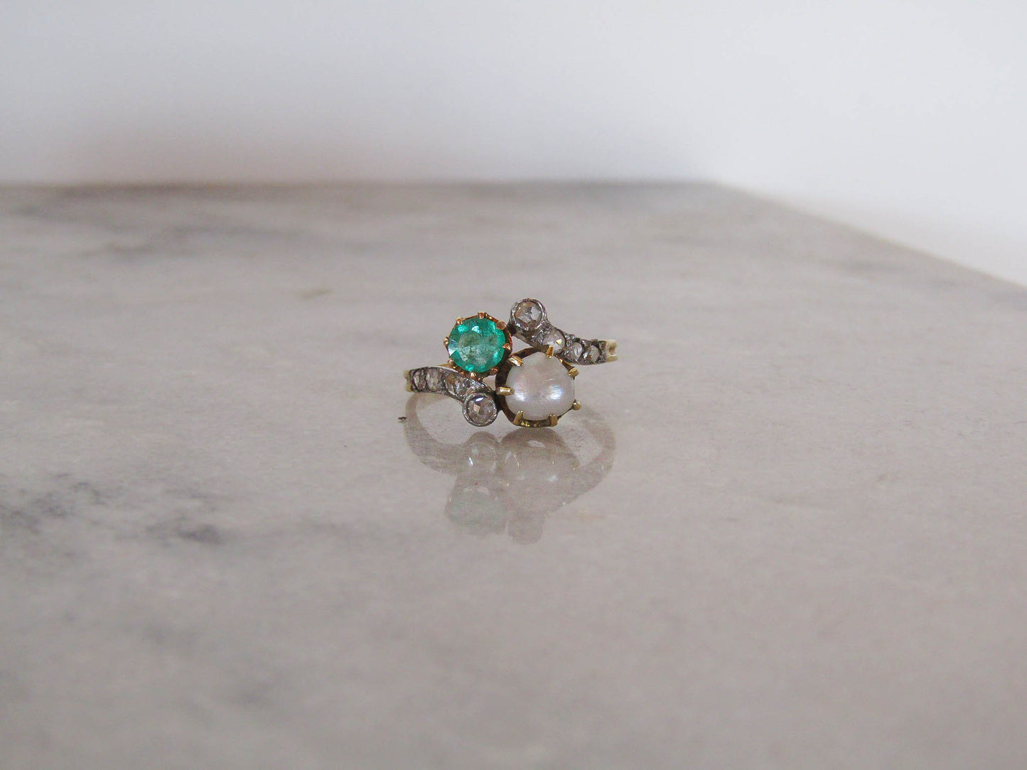 Antique Belle Epoque Emerald and Pearl Toi et Moi Ring c. 1900