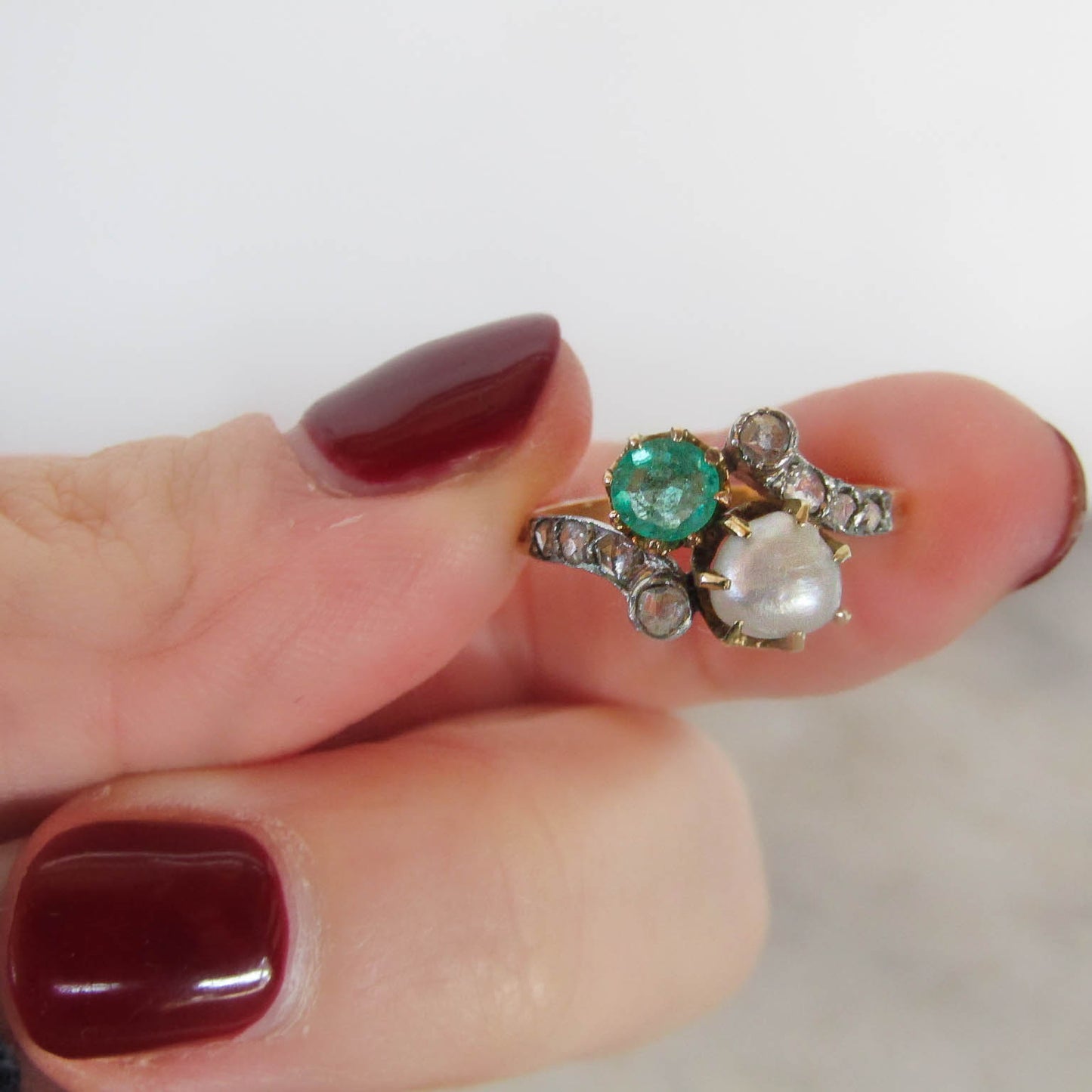 Antique Belle Epoque Emerald and Pearl Toi et Moi Ring c. 1900