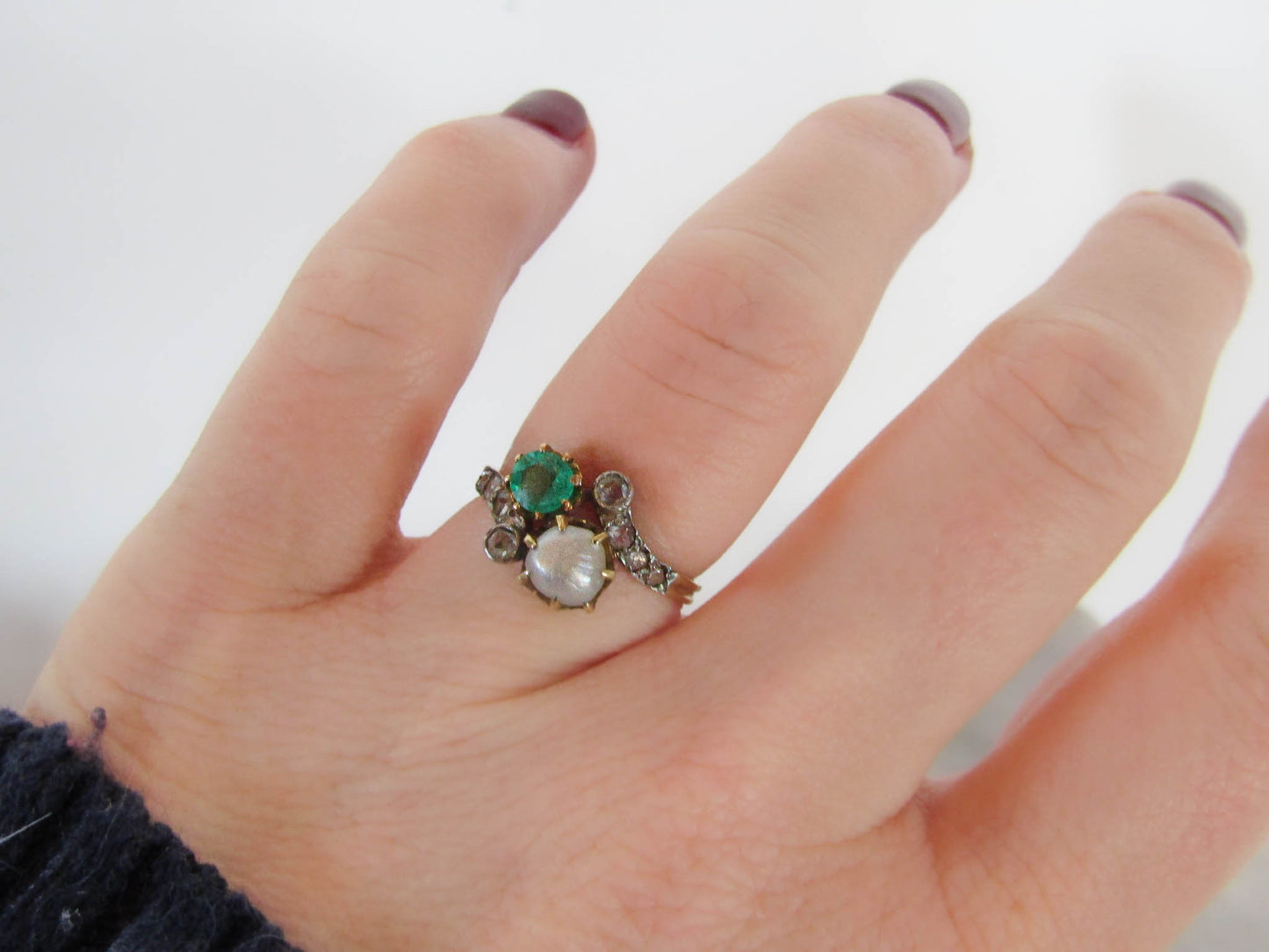 Antique Belle Epoque Emerald and Pearl Toi et Moi Ring c. 1900