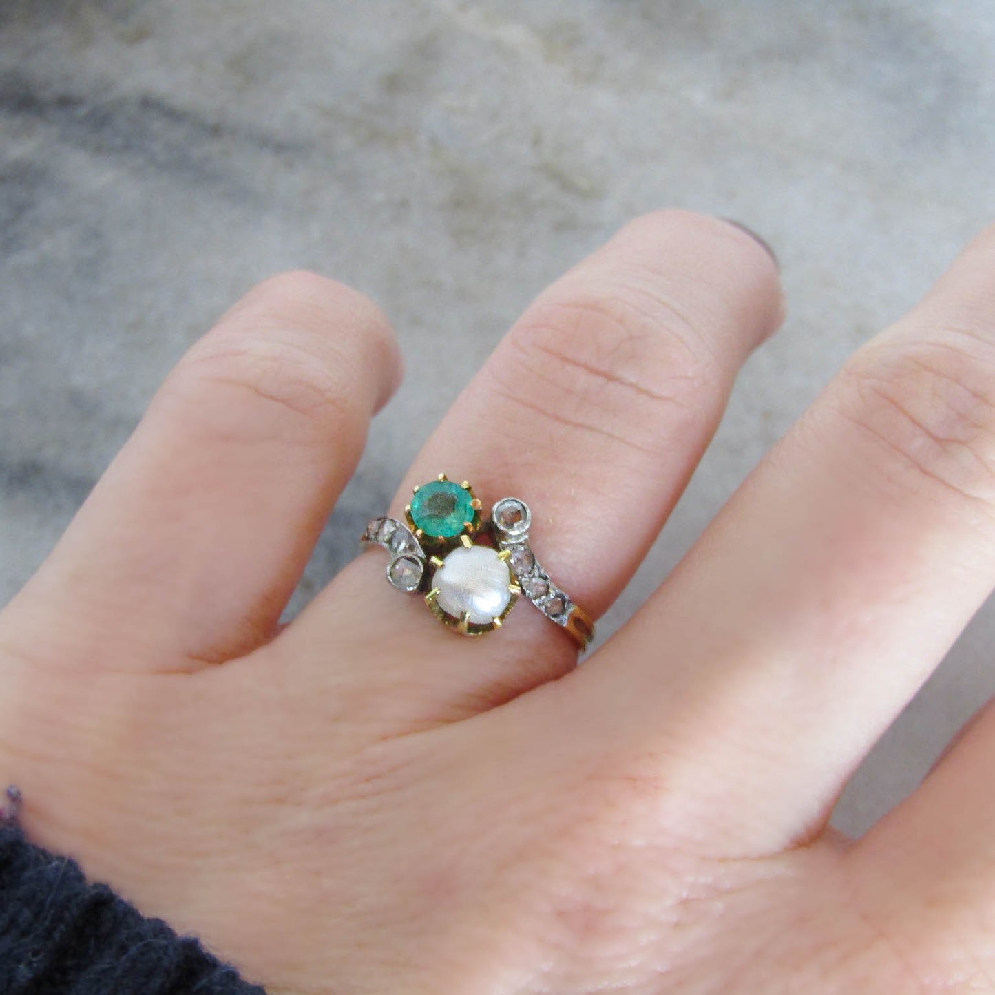 Antique Belle Epoque Emerald and Pearl Toi et Moi Ring c. 1900