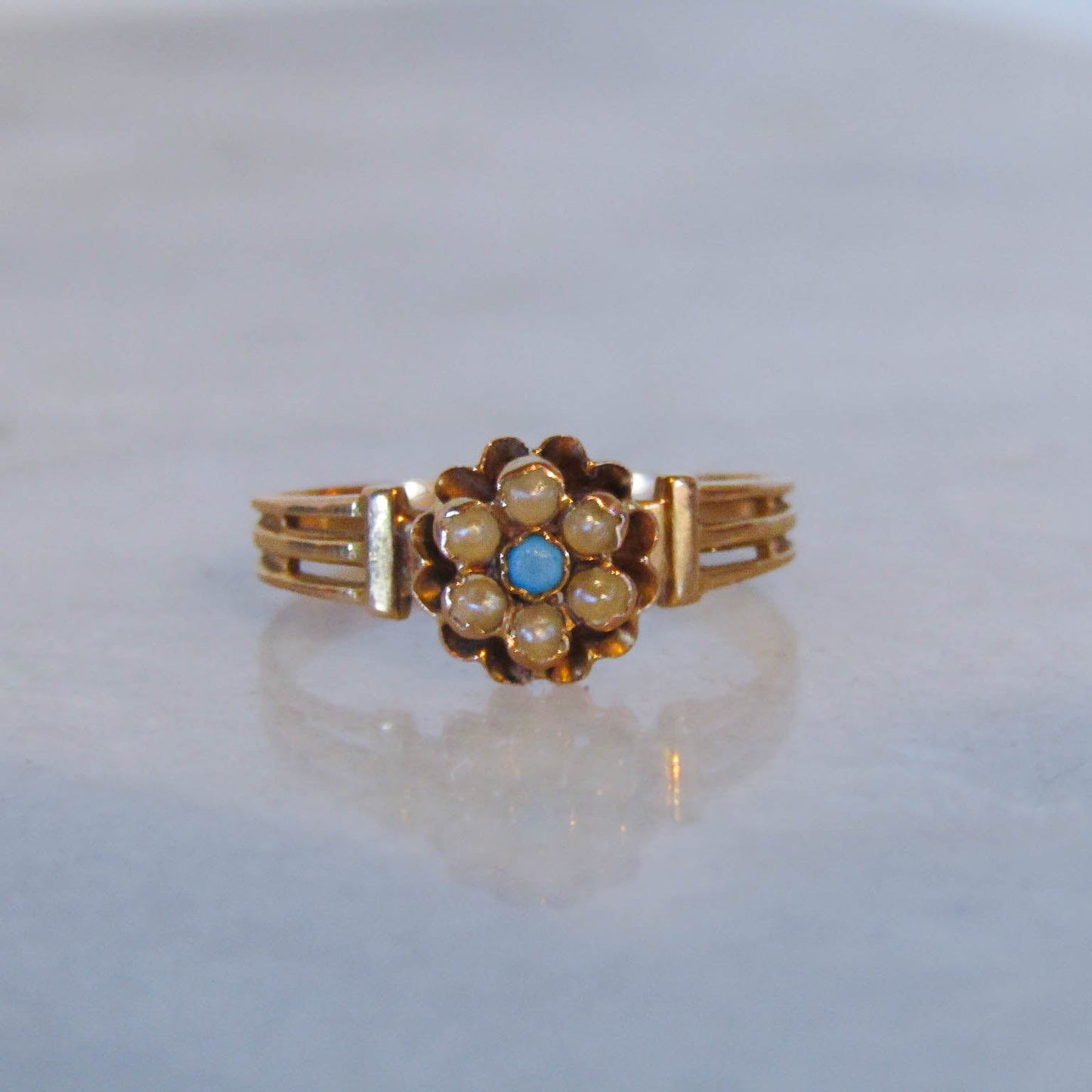 Antique 18K Solid Gold Pearl and Turquoise Victorian Belle Epoque Ring c. 1900