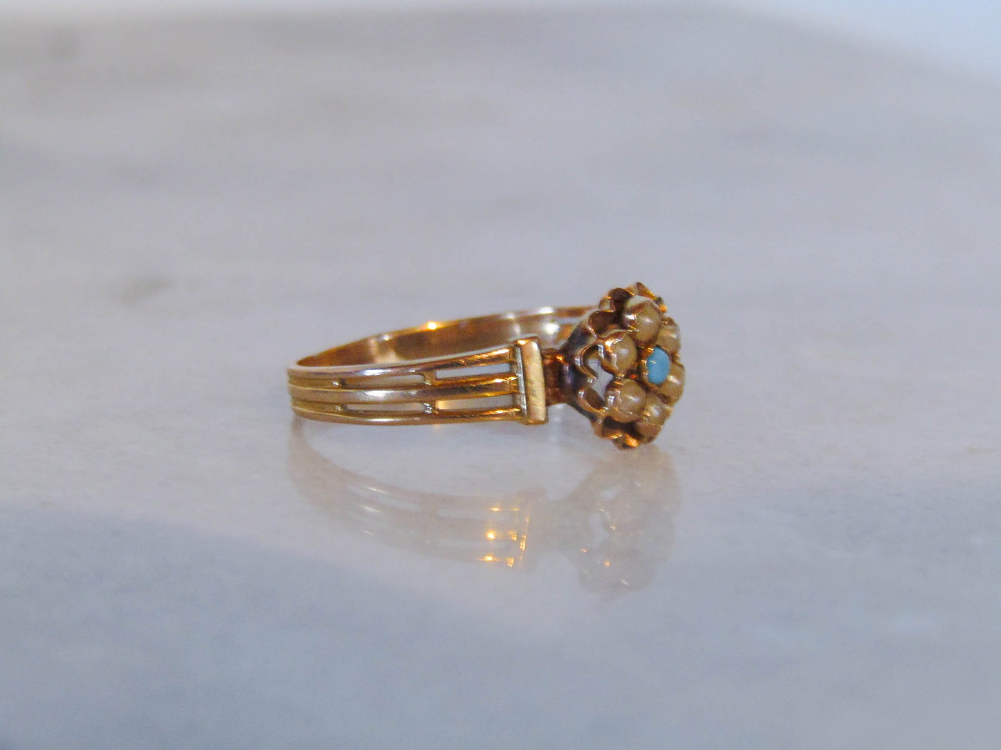 Antique 18K Solid Gold Pearl and Turquoise Victorian Belle Epoque Ring c. 1900