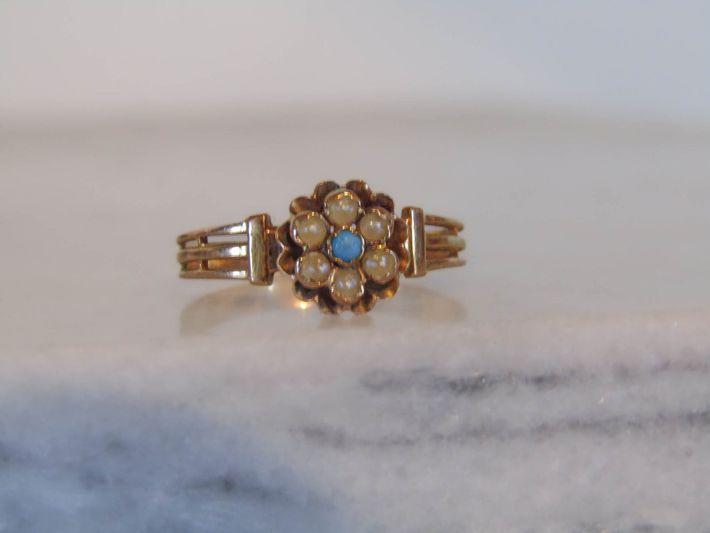Antique 18K Solid Gold Pearl and Turquoise Victorian Belle Epoque Ring c. 1900