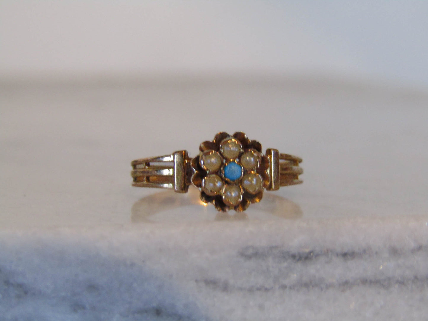 Antique 18K Solid Gold Pearl and Turquoise Victorian Belle Epoque Ring c. 1900