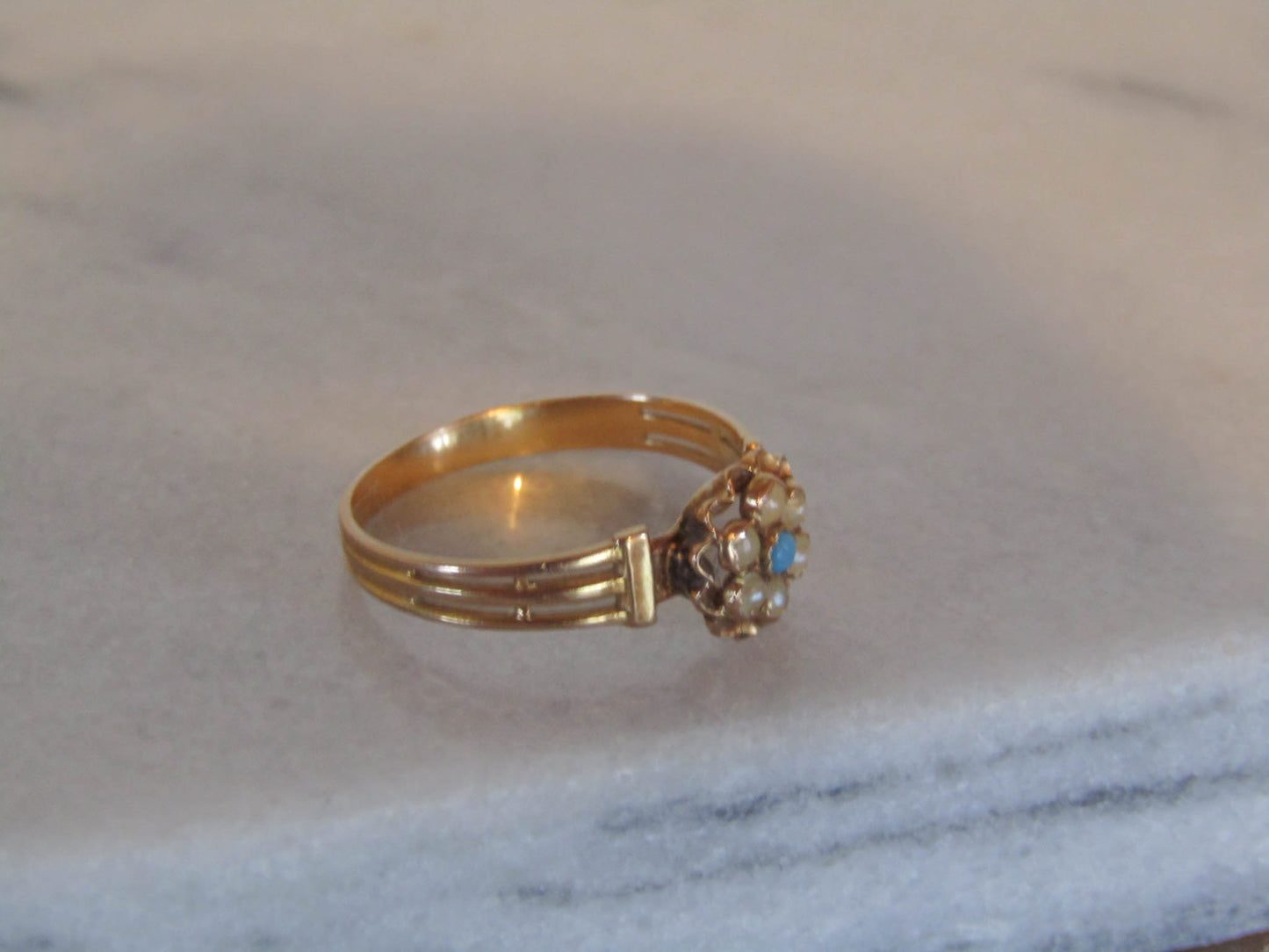 Antique 18K Solid Gold Pearl and Turquoise Victorian Belle Epoque Ring c. 1900