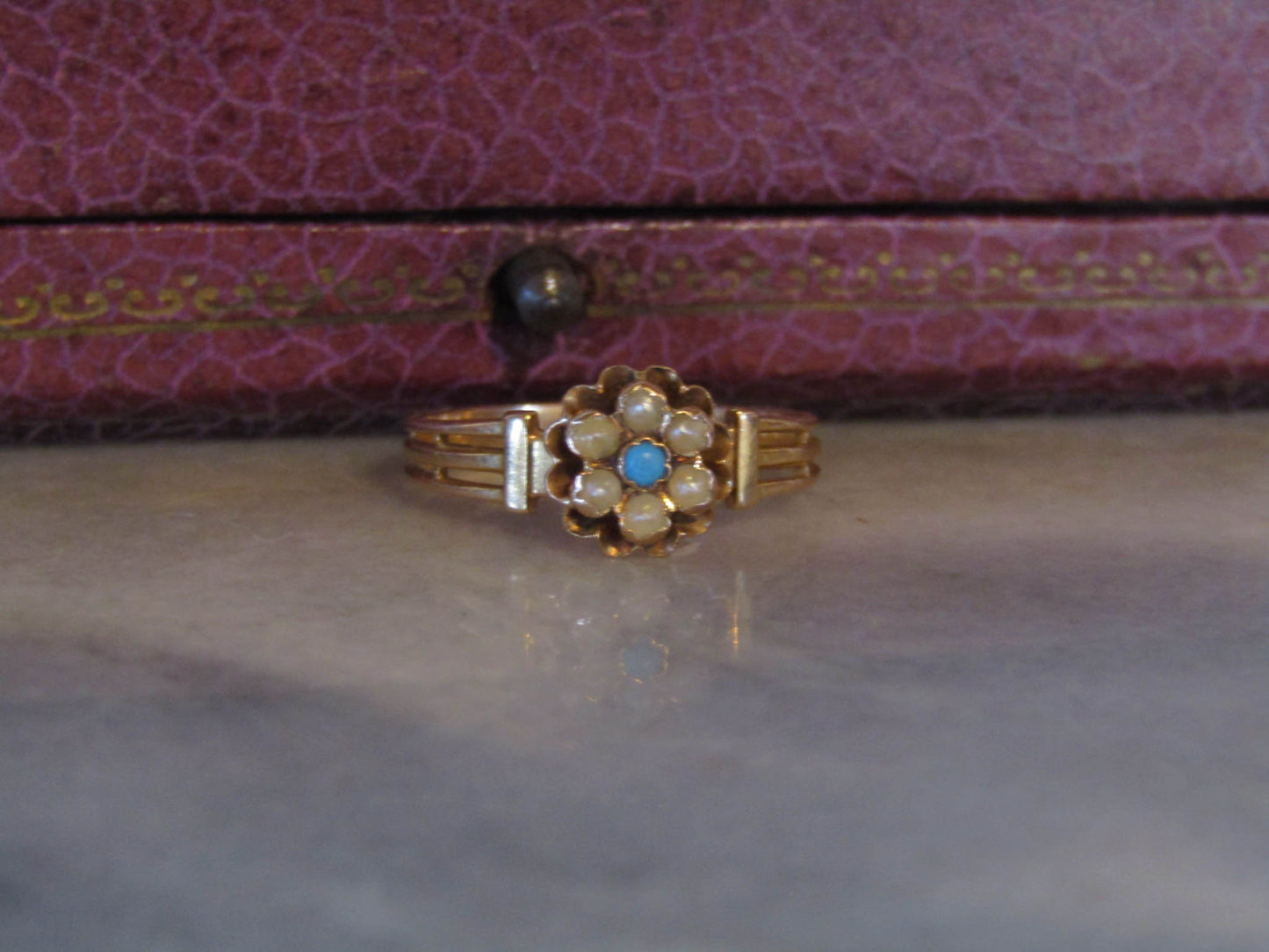 Antique 18K Solid Gold Pearl and Turquoise Victorian Belle Epoque Ring c. 1900