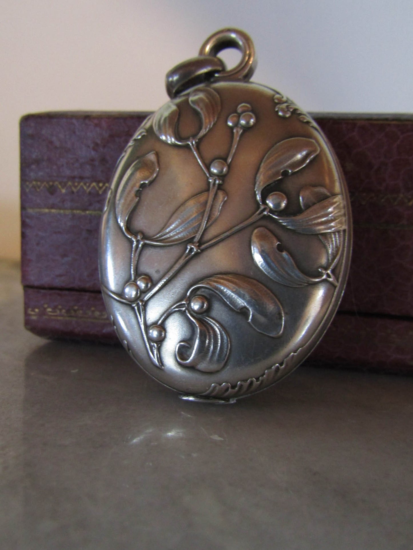 Antique Silver Art Nouveau Mistletoe Slide Mirror Pendant c. 1900, French Belle Epoque Locket