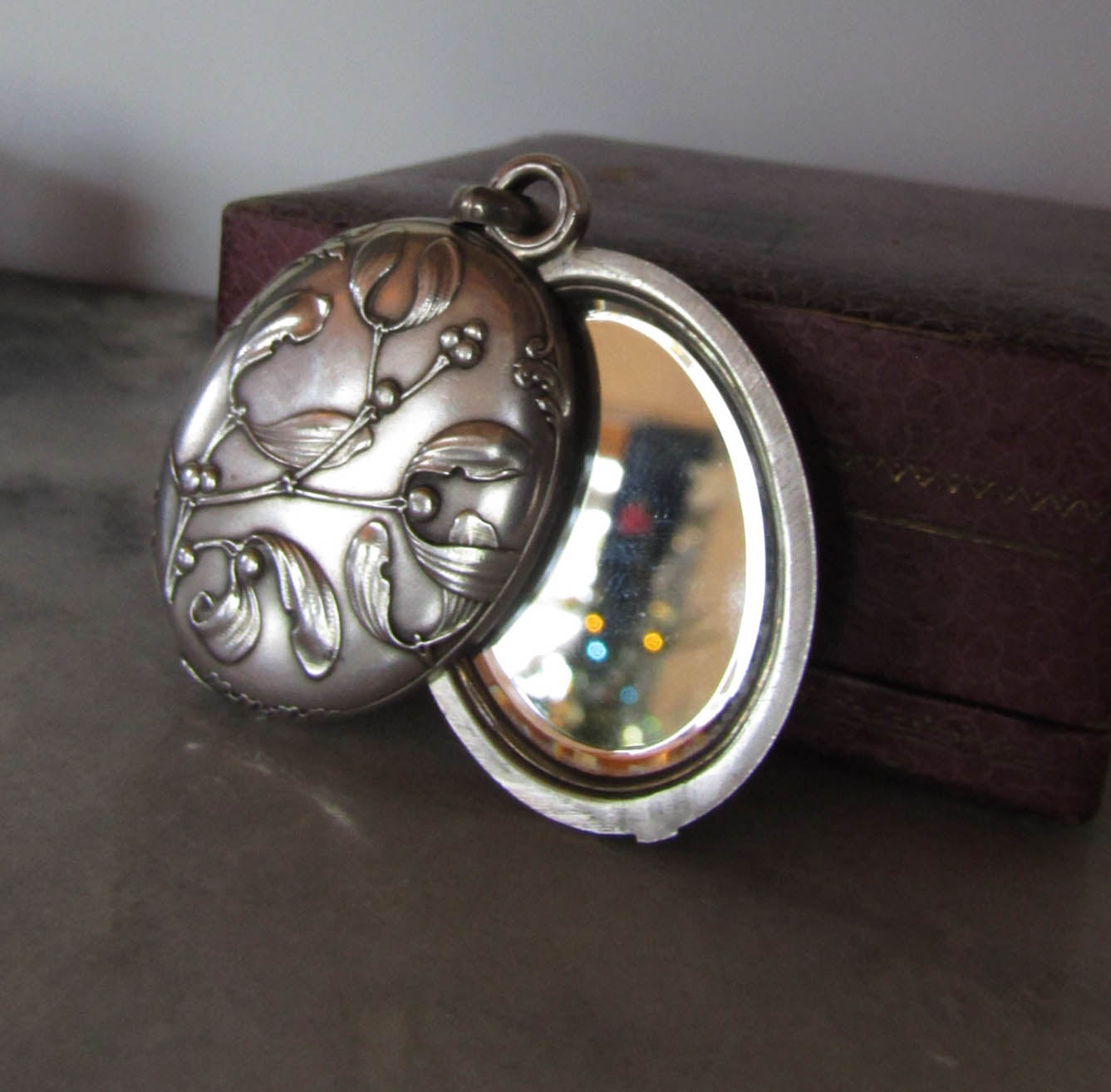 Antique Silver Art Nouveau Mistletoe Slide Mirror Pendant c. 1900, French Belle Epoque Locket