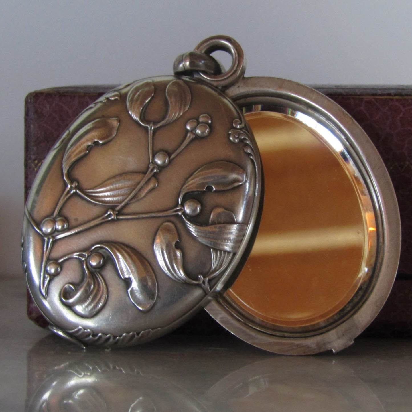 Antique Silver Art Nouveau Mistletoe Slide Mirror Pendant c. 1900, French Belle Epoque Locket