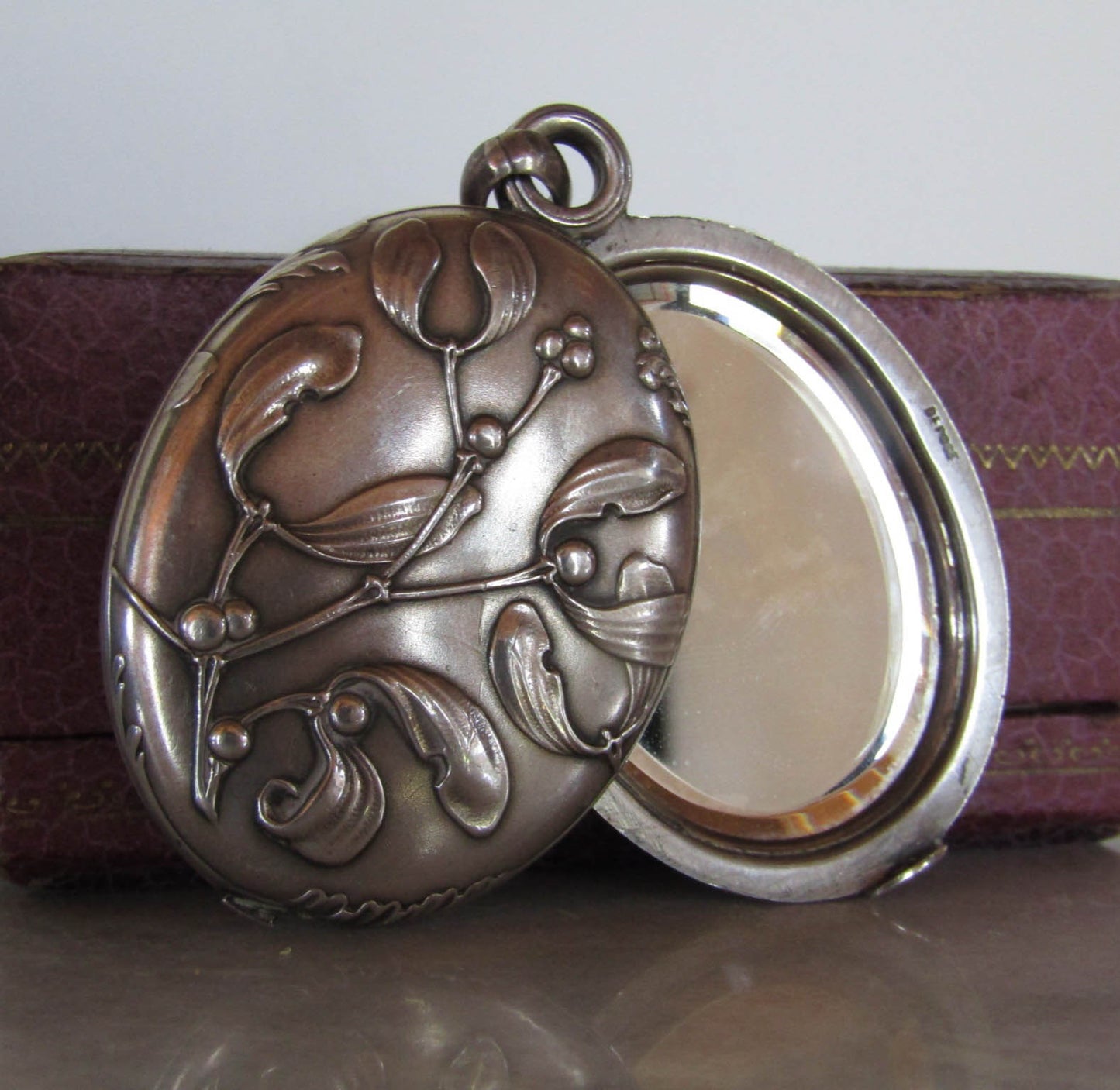 Antique Silver Art Nouveau Mistletoe Slide Mirror Pendant c. 1900, French Belle Epoque Locket
