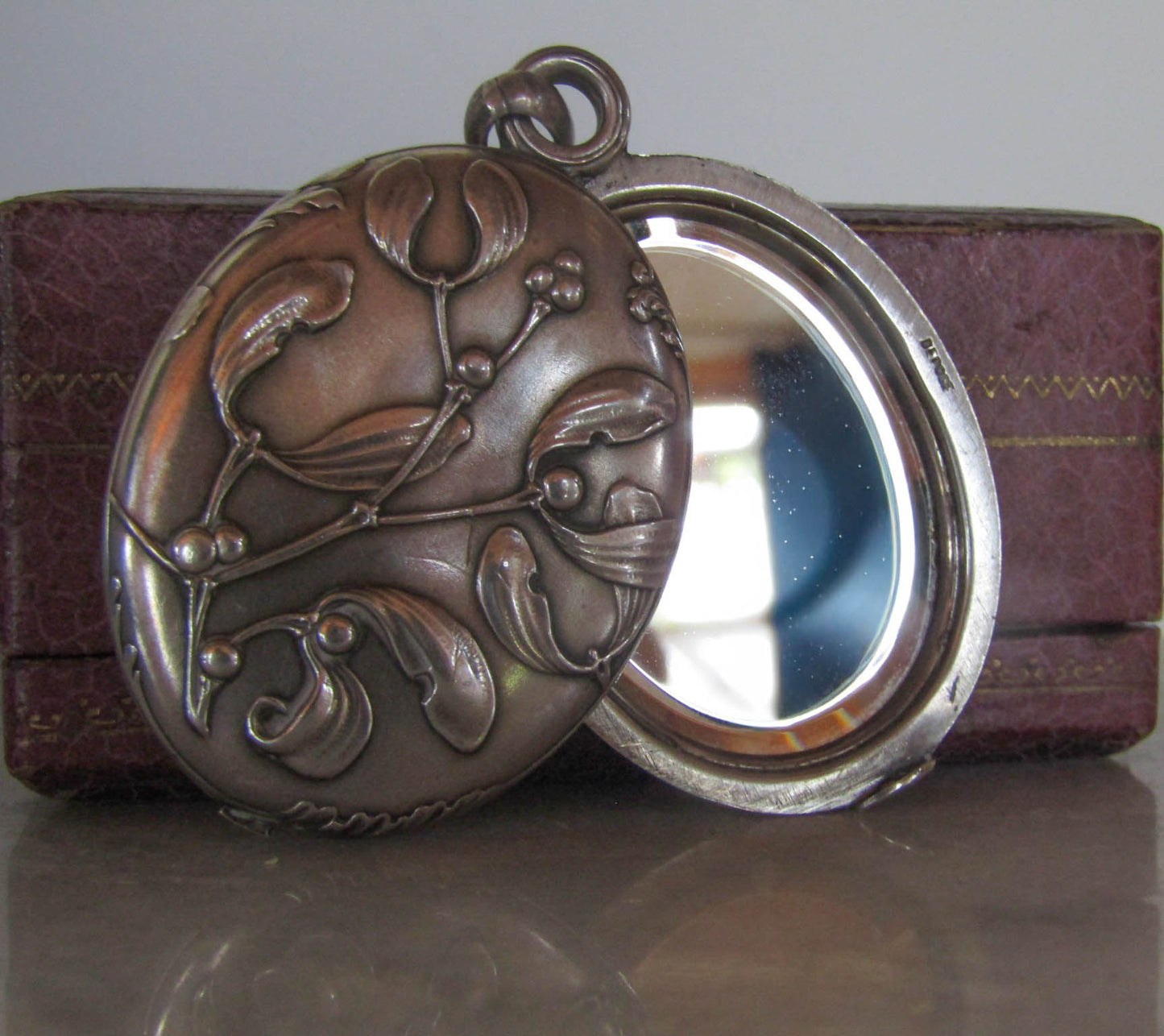 Antique Silver Art Nouveau Mistletoe Slide Mirror Pendant c. 1900, French Belle Epoque Locket