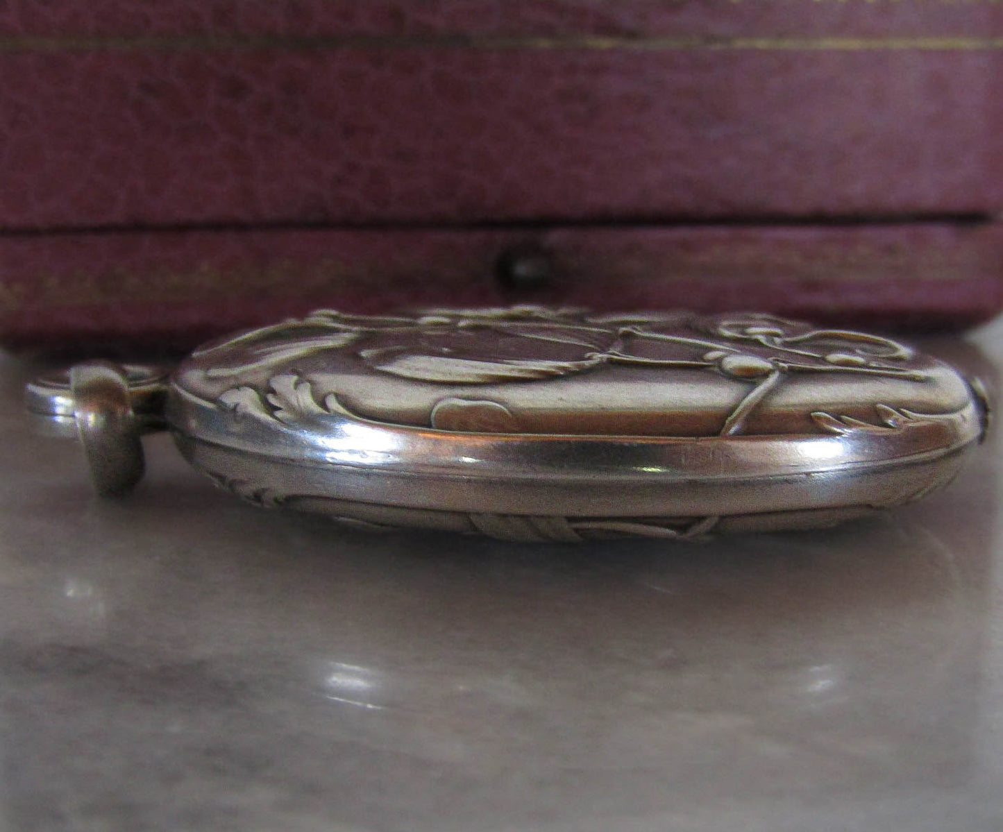 Antique Silver Art Nouveau Mistletoe Slide Mirror Pendant c. 1900, French Belle Epoque Locket