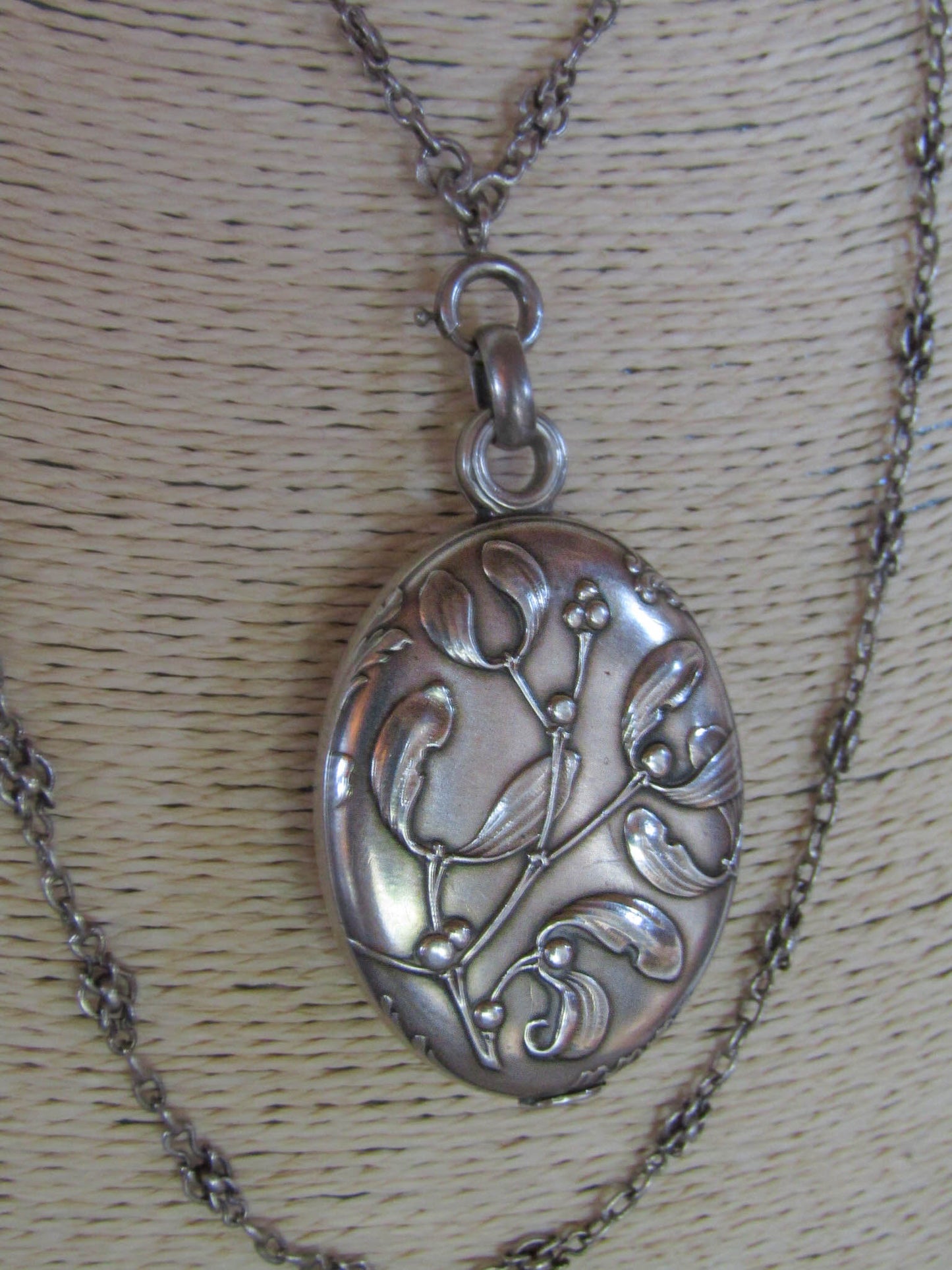 Antique Silver Art Nouveau Mistletoe Slide Mirror Pendant c. 1900, French Belle Epoque Locket