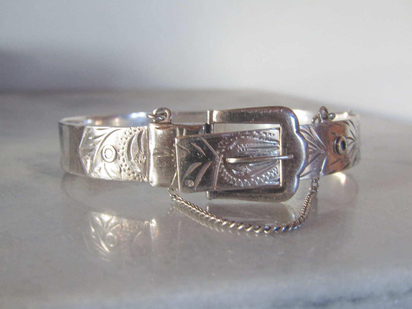 Vintage Sterling Silver Victorian Style Buckle Bracelet of English Origin c. 1971
