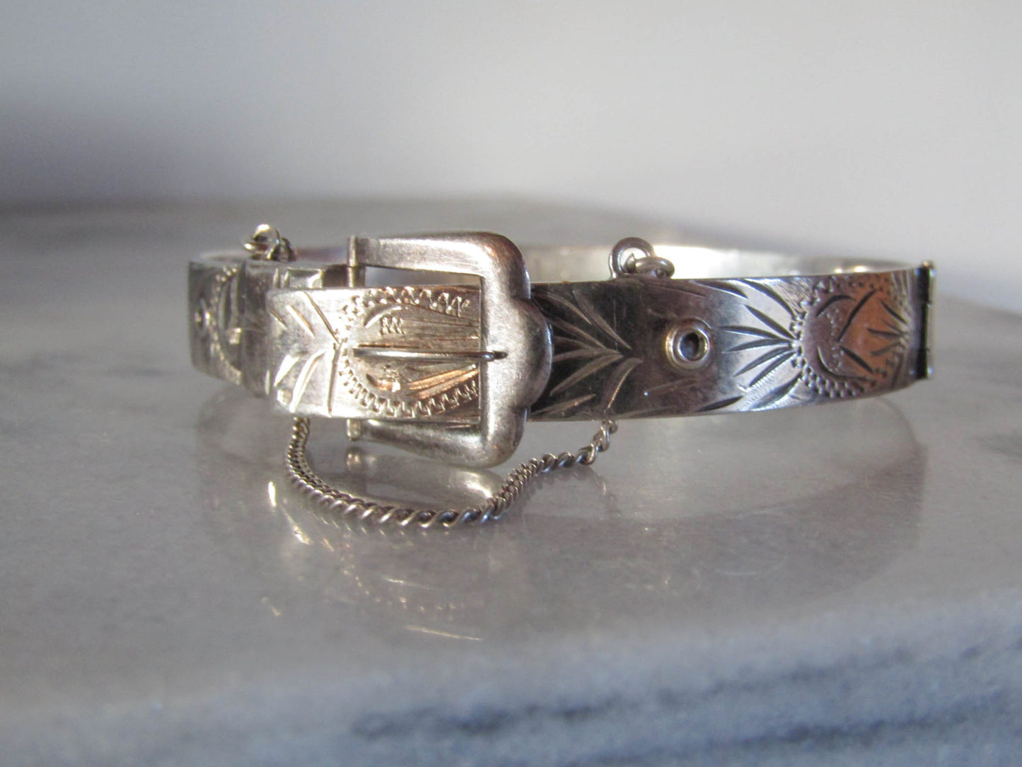 Vintage Sterling Silver Victorian Style Buckle Bracelet of English Origin c. 1971