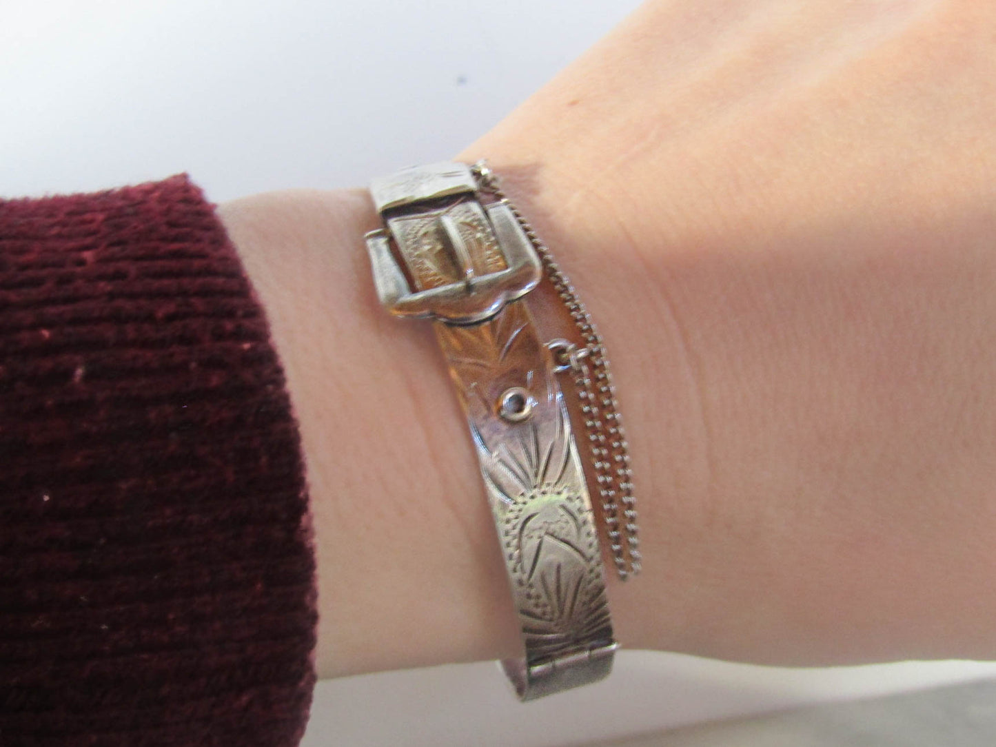 Vintage Sterling Silver Victorian Style Buckle Bracelet of English Origin c. 1971