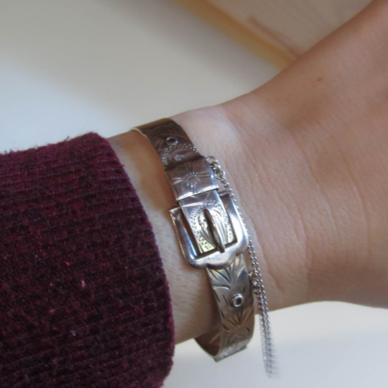 Vintage Sterling Silver Victorian Style Buckle Bracelet of English Origin c. 1971