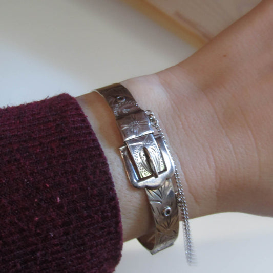 Vintage Sterling Silver Victorian Style Buckle Bracelet of English Origin c. 1971